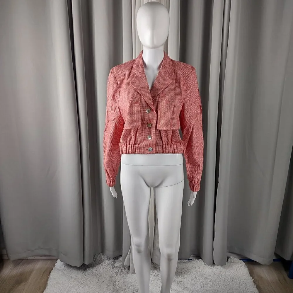 Doncaster Women's Red, White, Houndstooth, Linen Blend, Cropped Jacket Size 4